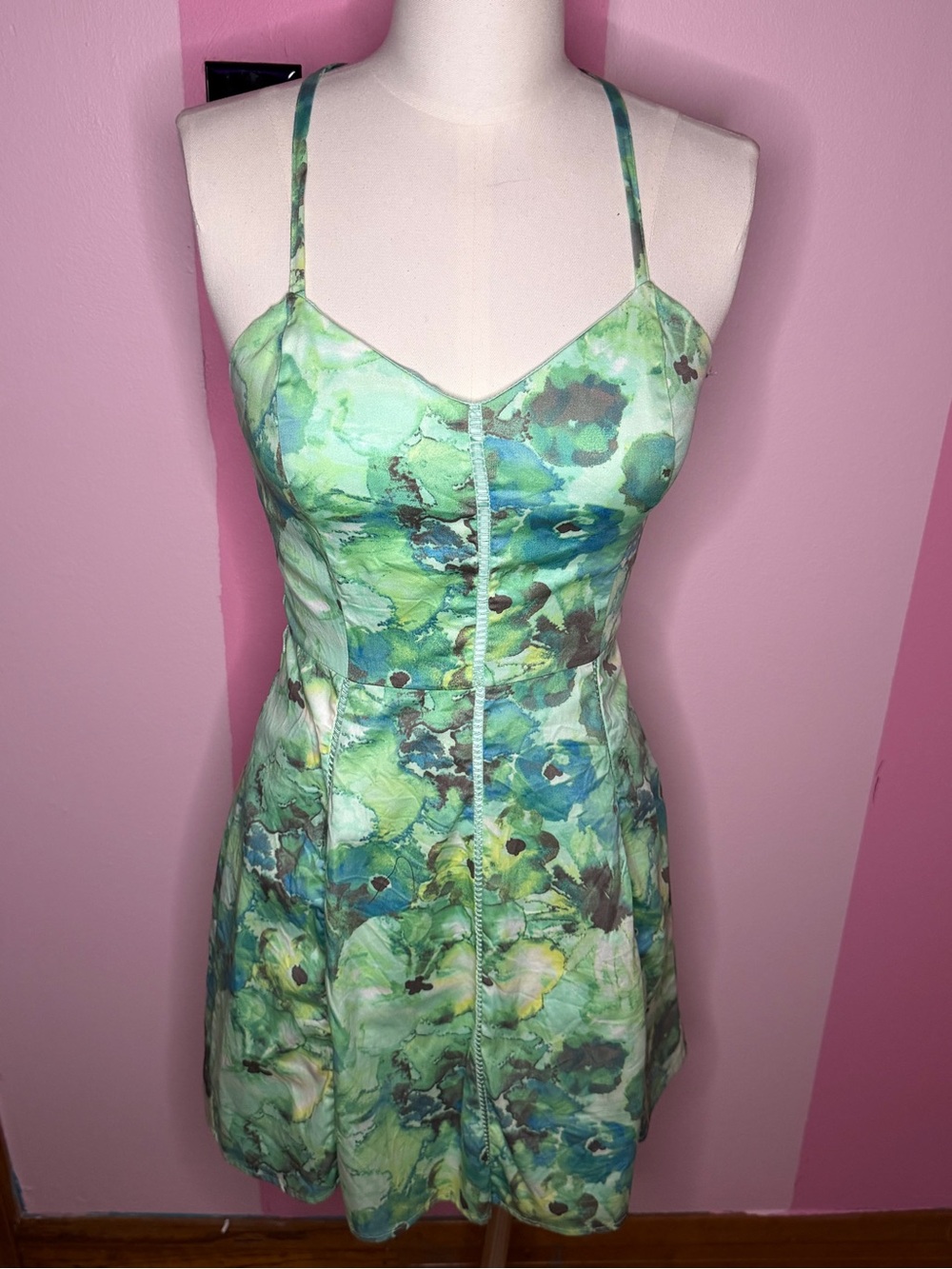 Candie's Green Watercolor Floral Spaghetti Strap Dress